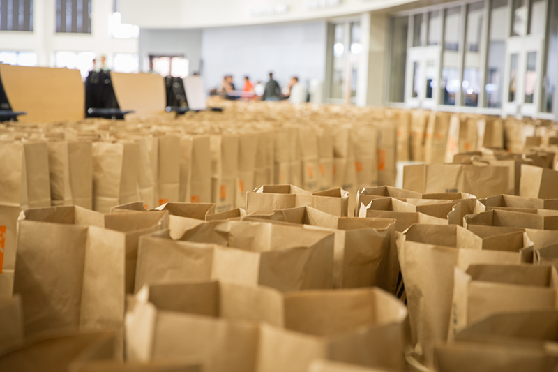 Rows upon rows of paper bags lined up to be filled