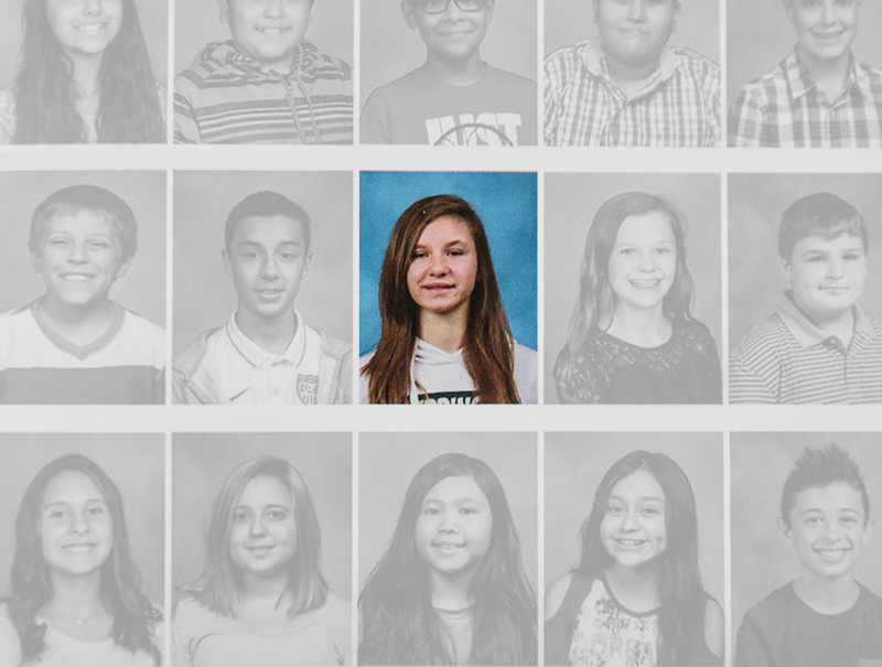 Yearbook photo with Anita in the middle in color and students around her in black and white