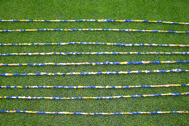close up overhead view of bracelet strands laying on the field