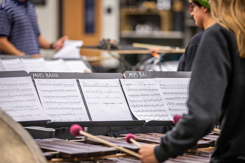 view of long sheet music across multiple music stands